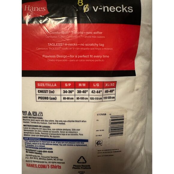 New 8 Hanes Mens White XL 46-48 Inch V-Neck T-Shirts Tagless ComfortSoft XG - Picture 4 of 4